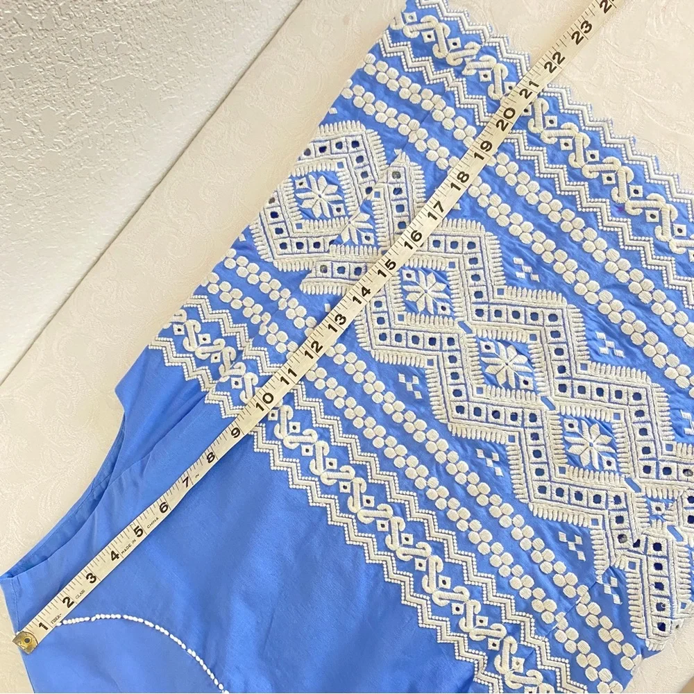 Tory Burch blue white embroidery top